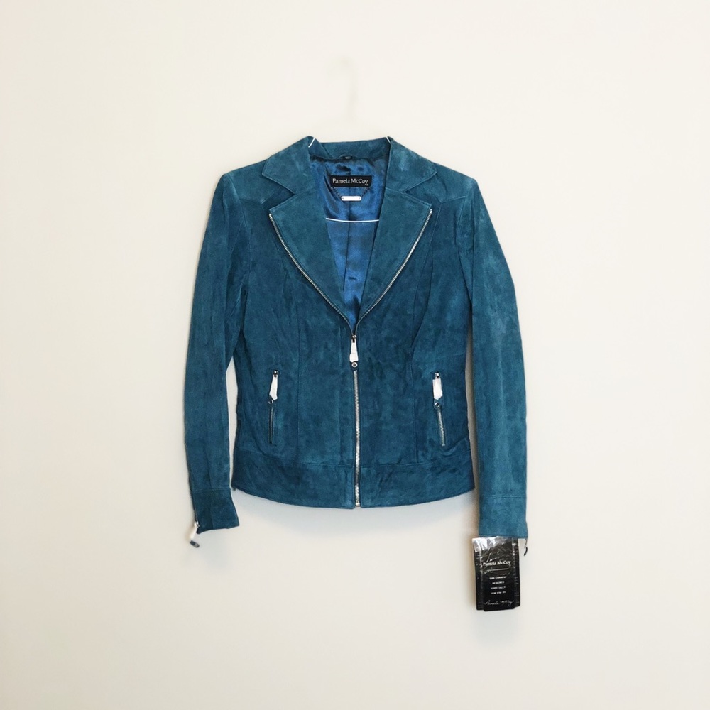 Blue Leather Jacket by Pamela McCoy, Size (XS).